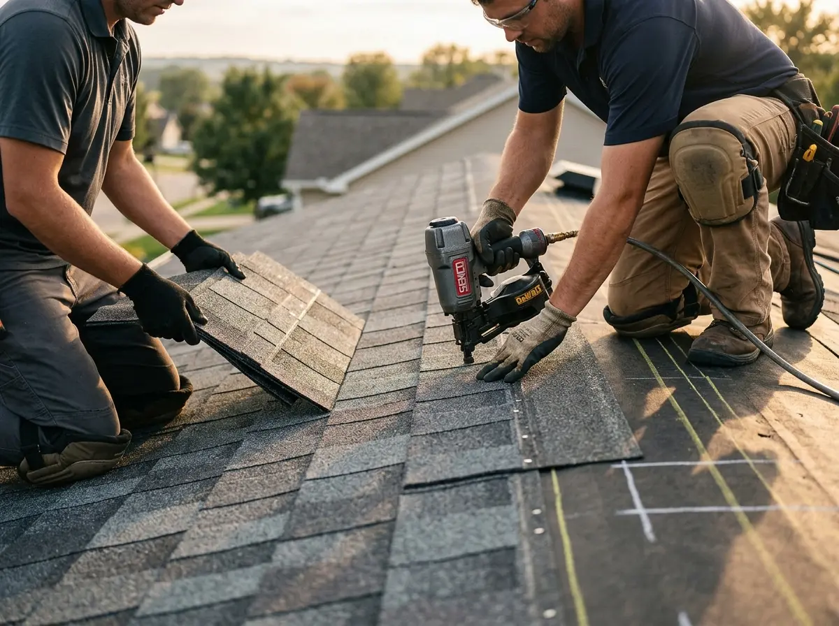Professional roofer working on a residential roof in Hillsdale